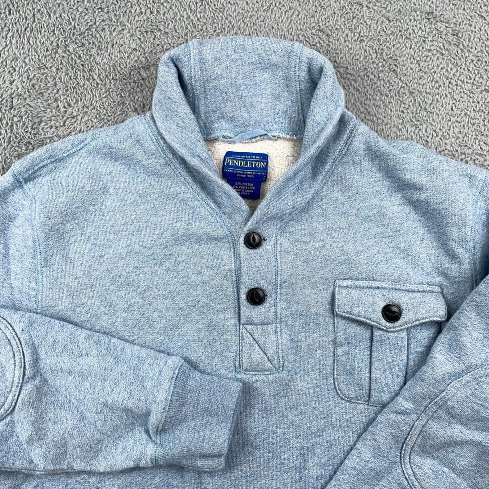 Pendleton Sweater Mens Large Blue Shawl Collar Elbow Patch Fleece Pullover